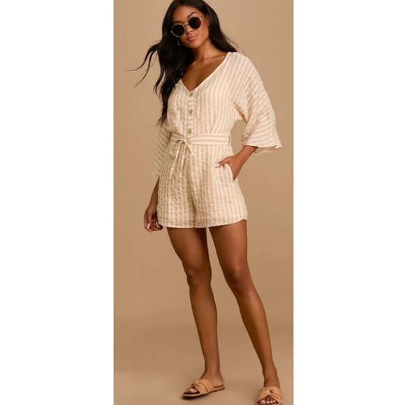 LULUS Weekend At The Beach Tan Striped 3/4 Sleeve Romper - Picture 2 of 7